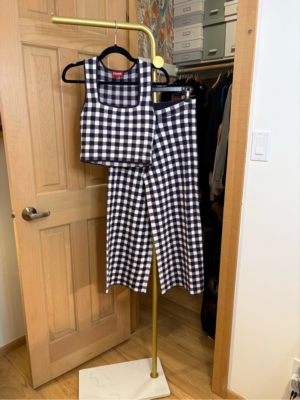 STAUD Navy Blue & White Gingham Knit Crop Tank and Wide-Leg Pants Set